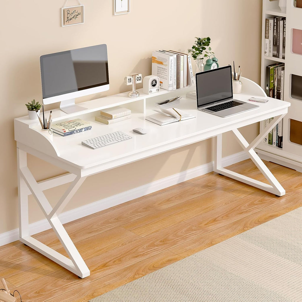 Long Desk with Monitor Stand - 63" Double Long Computer Table for 2-Person Workstation, Large Writing Study Work Desk for Home and Office, White
