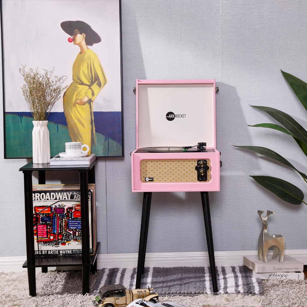 Arkrocket Discovery 3-Speed Bluetooth Record Player Retro Console Turntable with Built-in Speakers and Removable Legs (Pink)
