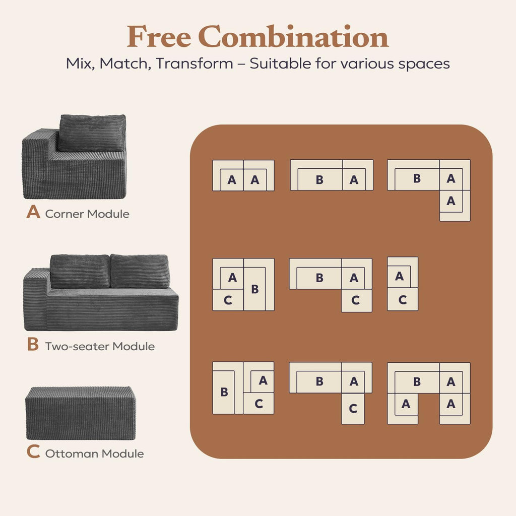 106" Modular Sectional Sofa with L-Shape Chaise, Right/Left Facing Deep Seat Cloud Couch, No Assembly Required, Upholstered Couch for Living Room Bedroom (Plush Corduroy Fabric, Grey)