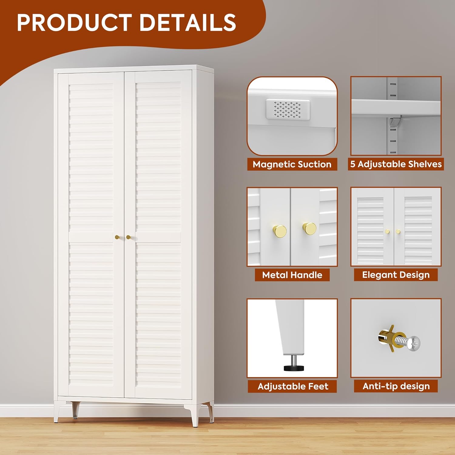Metal Kitchen Pantry Cabinet with 2 Doors,Metal Pantry Cabinet with 5 Adjustable Shelves for Kitchen,Home,74.2" H × 31.5" W × 15.75" D,Required Assembly, White