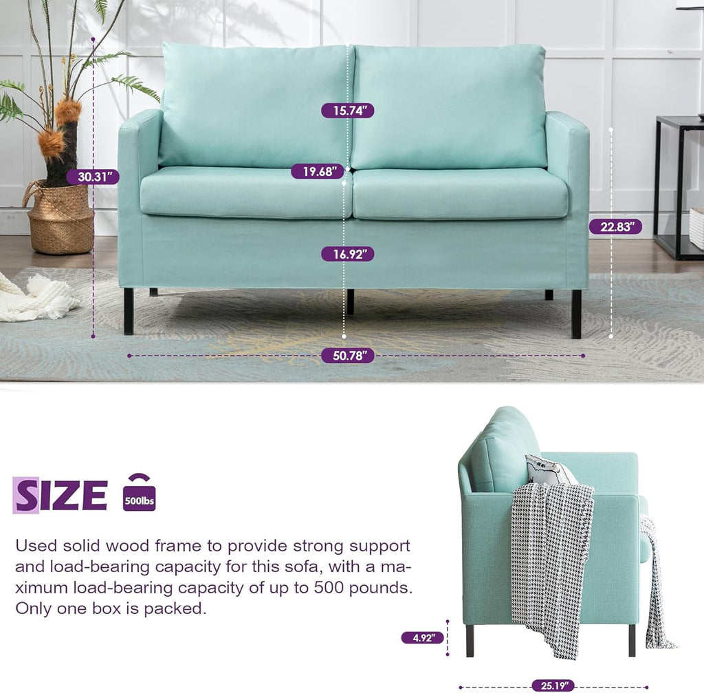 TYBOATLE 51" W Linen Fabric Upholstered Modern Loveseat Sofa Couch for Living Room, Love Seats 2-Seater Furniture w/Iron Legs for Compact Space, Apartment, Bedroom, Dorm, Office, Aqua Blue