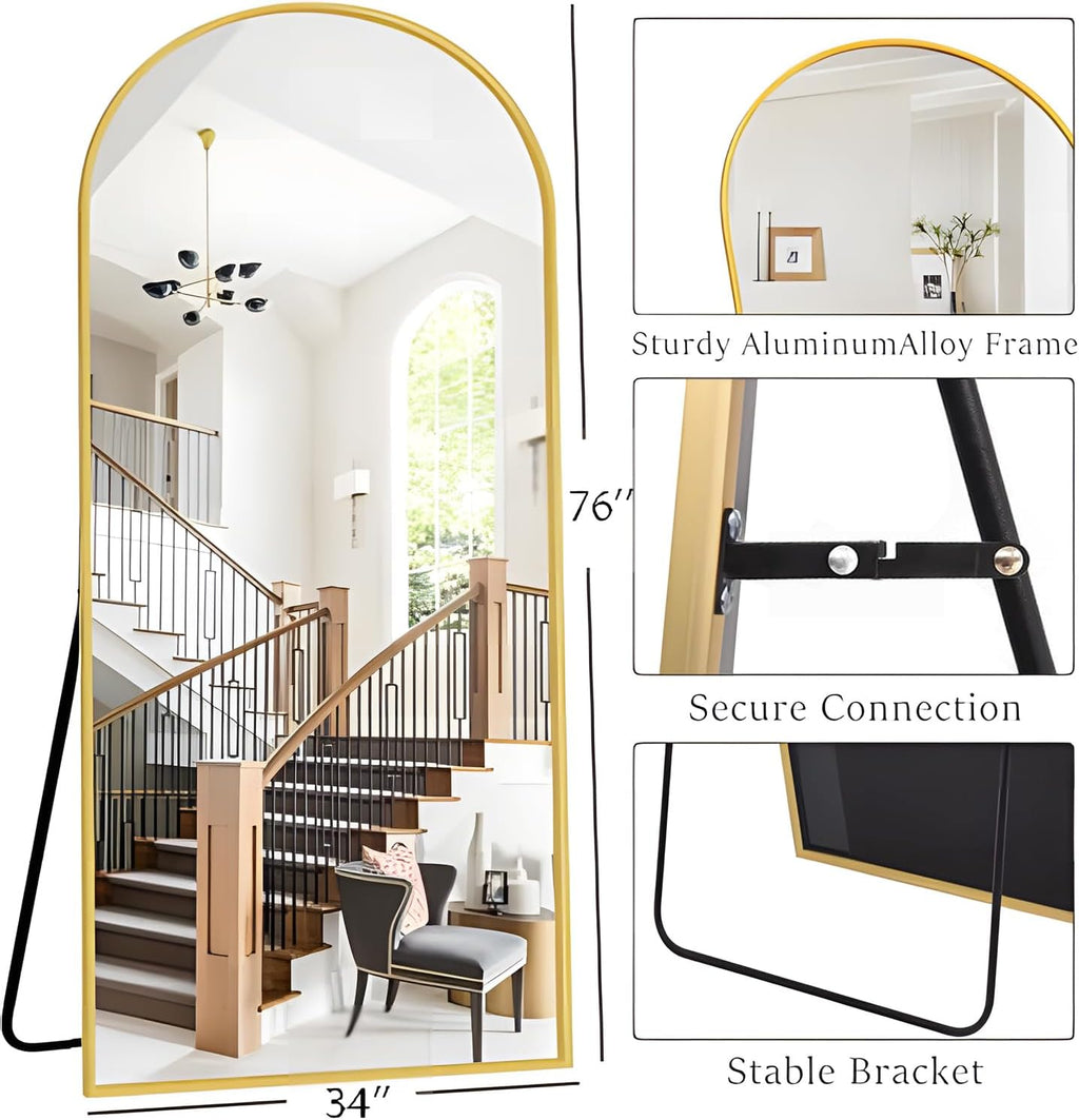 OGCAU 76"x34" Arched Full Length Mirror, Hanging Leaning or Standing Full Body Mirror, Wall Mounted Mirror with Aluminum Frame for Living Room, Bedroom or Cloakroom (Gold)