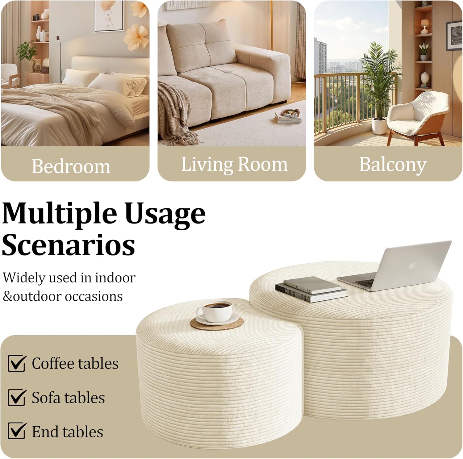 Round Nesting Coffee Table Set of 2,Upholstered Foam Ottoman Footrest Side Table Set,Modern Flannel Circle Coffee Table No Assembly for Living Room Entryway Bedroom,Beige