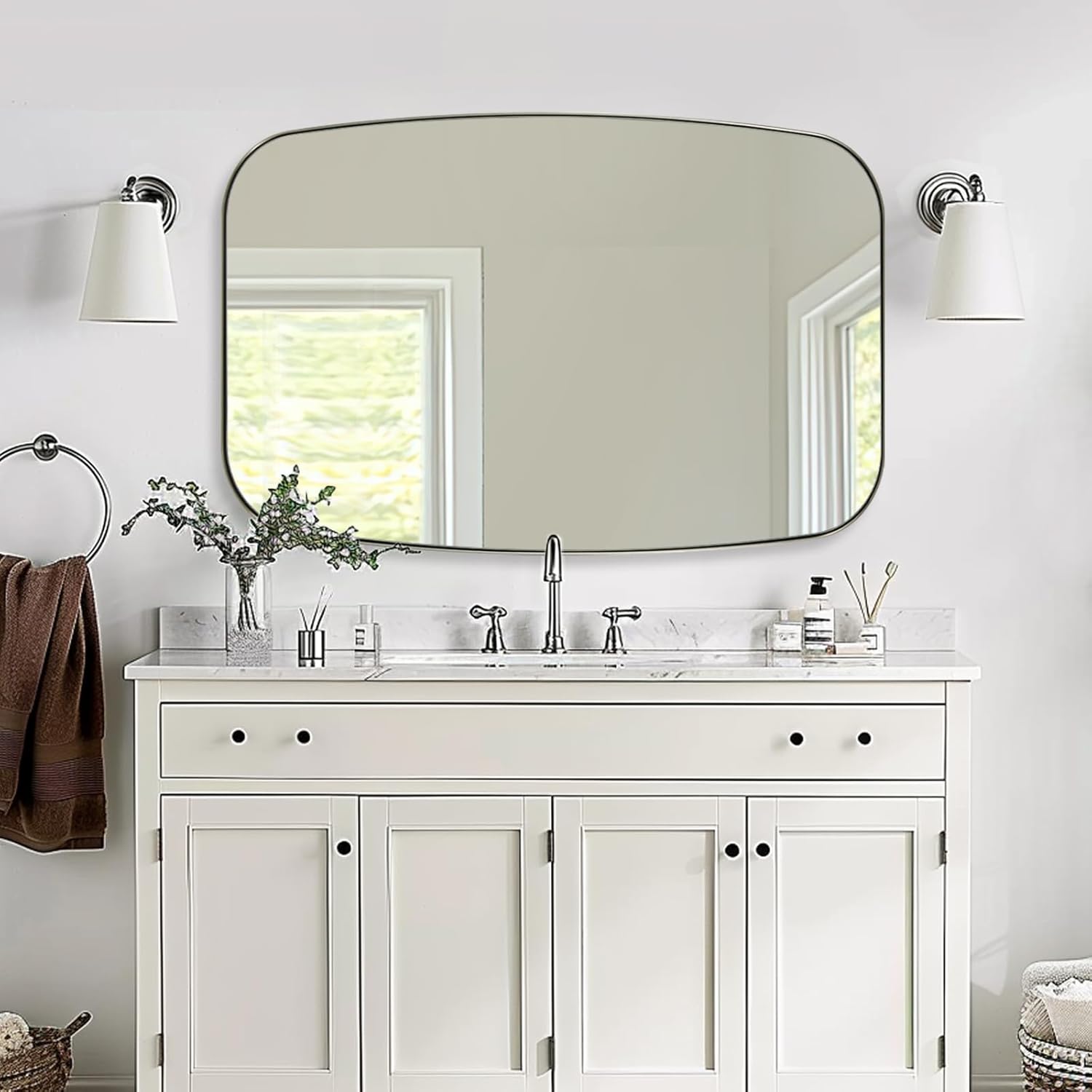 ANDY STAR Brushed Nickel Bathroom Mirror, 32x48 Oblong Mirror with Stainless Steel Metal Frame, Silver Oval Vanity Mirror for Over Sink, Modern Anti Rust Wall Mounted