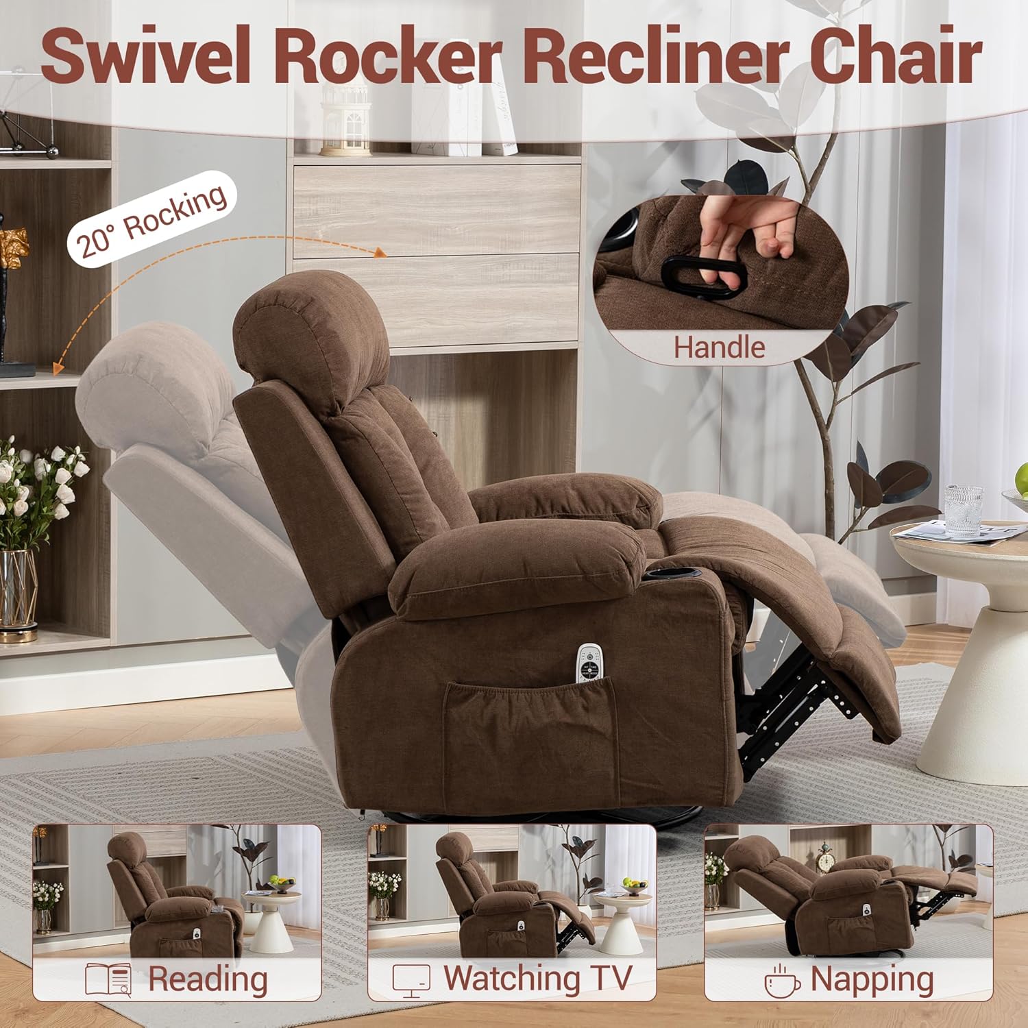360° Swivel Rocking Chair, Rocker Recliner Chair with Vibration Massage and Heat, Ergonomic Lounge Chairs with Rocking Function and Side Pocket, Cup Holders, Brown