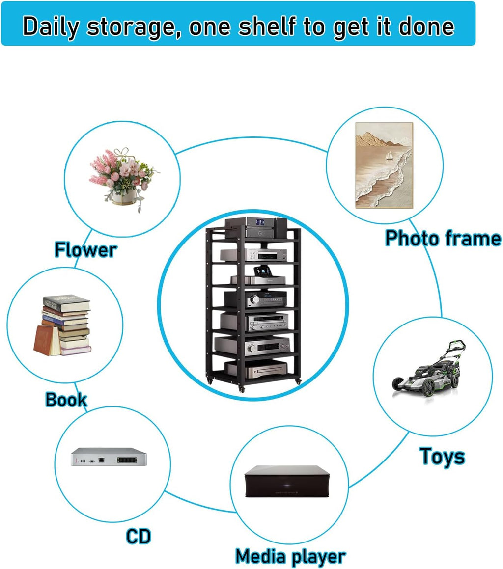 7 Tier Audio Rack Tower  CD Record Player Stereo Receiver AV Equipment Cabinet Display Rack  Weight Capacity 661 lbs  with Adjustable Wooden Shelves for Home (7 Tier Black)