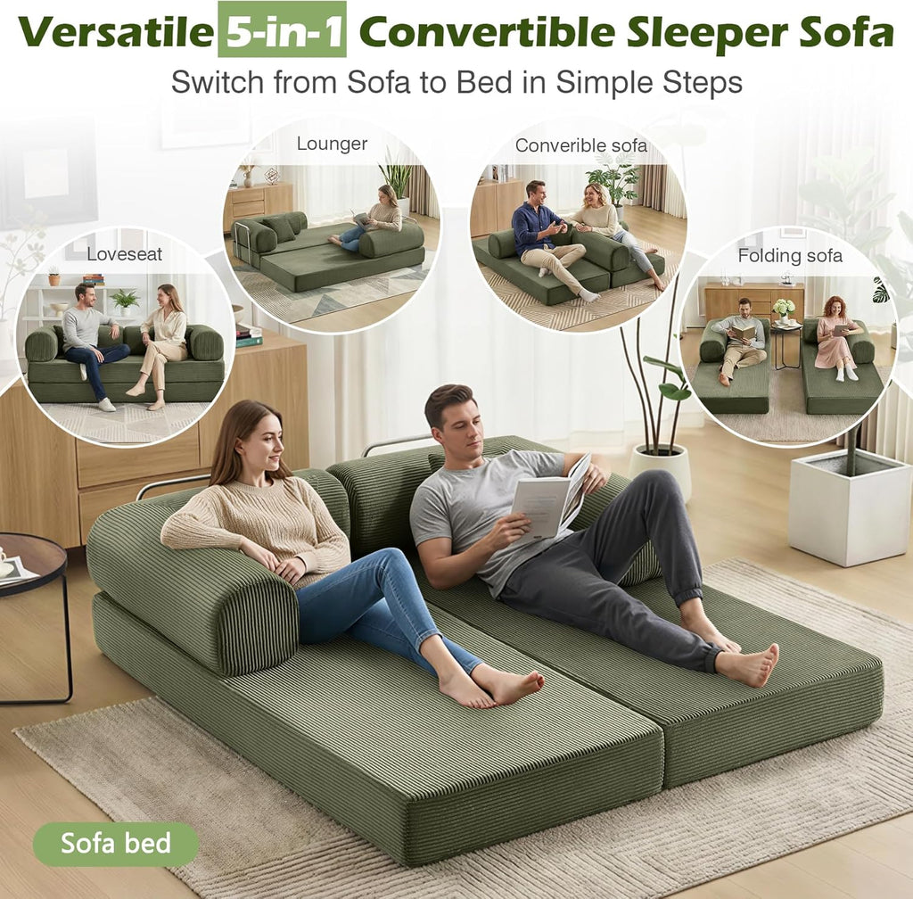 Sofa Bed, 79" Convertible Sleeper Sofa with Pull Out Bed, 5-in-1 Folding Corduroy Futon Couch, Modular Loveseat Sofa Bed for Living Room, Bedroom & Apartment, Green