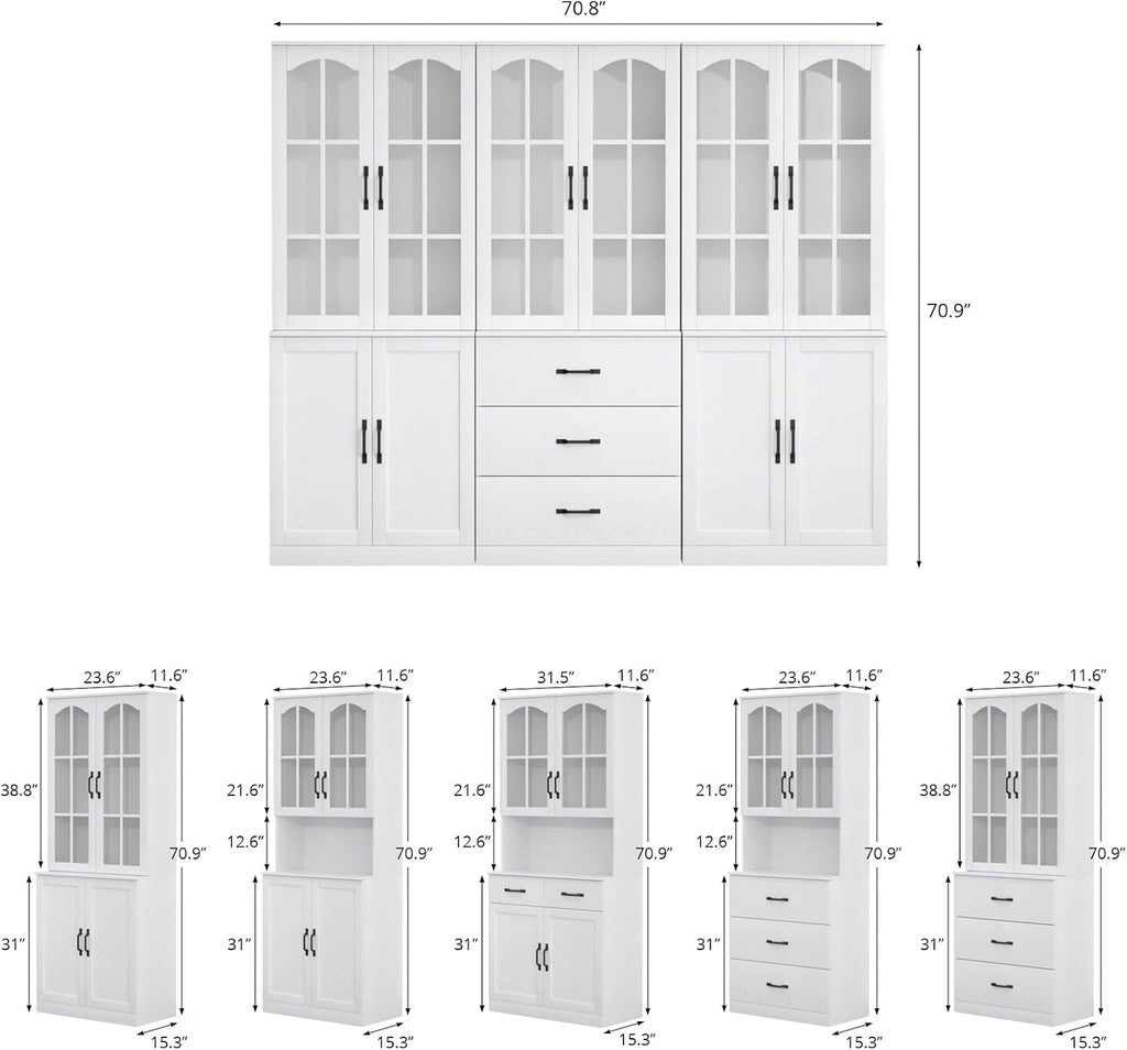 TUSY 71" Tall Bookcase with Glass Door, 6-Tier Modern Bookshelf with Drawer, 23.6" Wide Storage Cabinet with Countertop, Freestanding Display Cabinet for Living Room, Home Office (AEA)