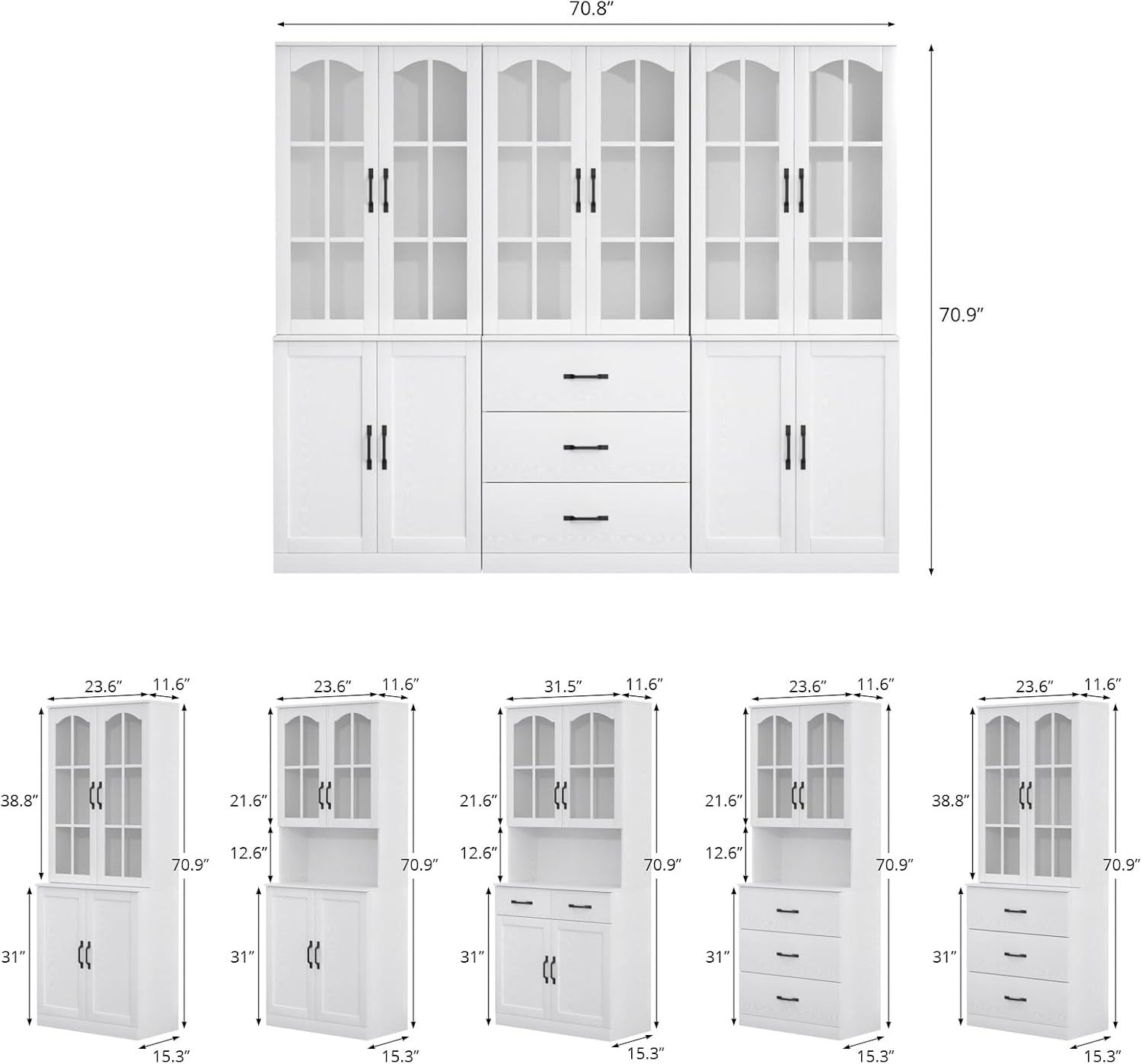 TUSY 71" Tall Bookcase with Glass Door, 6-Tier Modern Bookshelf with Drawer, 23.6" Wide Storage Cabinet with Countertop, Freestanding Display Cabinet for Living Room, Home Office (AEA)