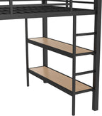 Bellemave Full Size Metal Loft Bed Frame with Wardrobe and Storage Shelves, Loft Bed with Pegboard and Drawers, Space-Saving Loft Bed Frame with Full-Length Guardrails, Black
