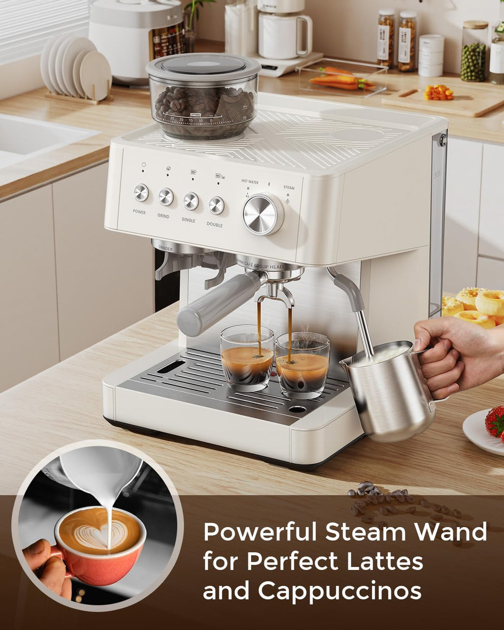(2026 Upgrade) 20 Bar Espresso Machine with Built-in Anti-Clog Coffee Grinder, Expresso Coffee Machines with Milk Steam Wand/Frother/Tamping Tools,Espresso Maker with Grinder for Lattes-White