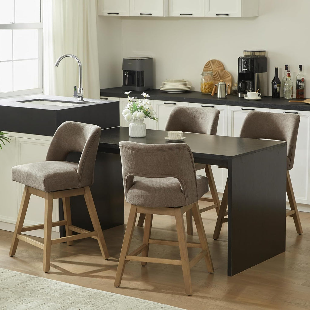 VKNOW 27" Swivel Bar Stools Set of 2, Upholstered Counter Height Bar Stools with Backrest and Rubberwood Legs, Fabric Barstools for Kitchen Island, Breakfast Bar, Living Room, Dining Room, Brown