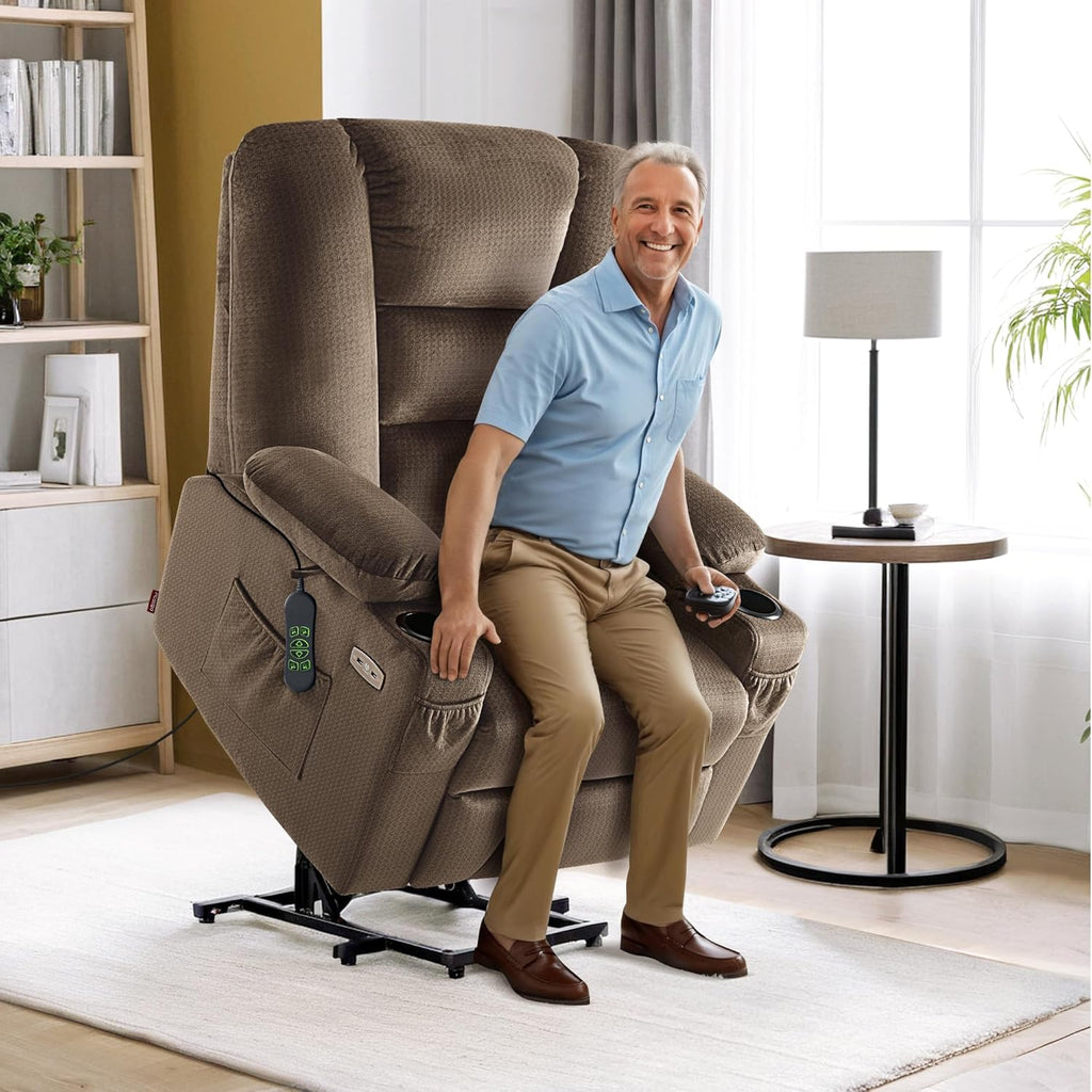 MCombo Large Power Lift Recliner Chair Sofa with Massage and Heat for Big and Tall Elderly People, 3 Positions, Cup Holders, and USB Ports, Fabric 7549 (Large, Brown)