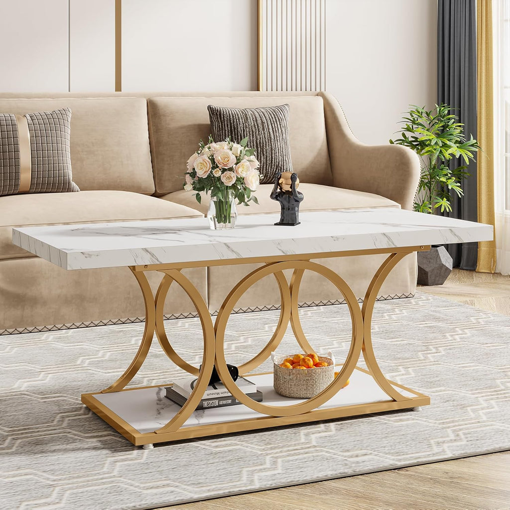 Tribesigns 46.45” Rectangle Coffee Table, Modern Coffee Tables for Living Room, 2-Tier Faux Marble Wood Coffee Table with Geometric Legs, Furniture with Storage Shelf (White & Gold)