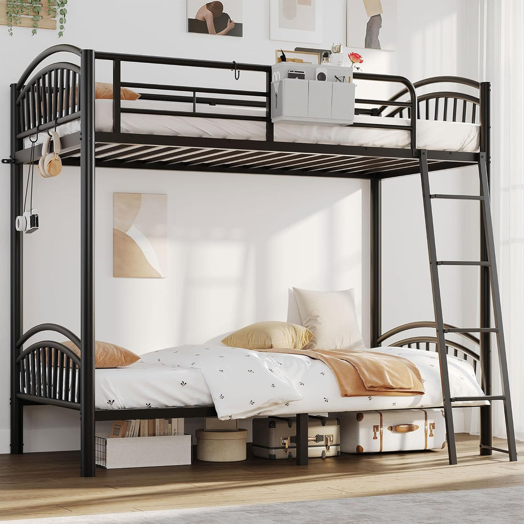 Metal Bunk Bed Twin Over Twin, Heavy Duty Industrial Bunkbeds for Teen with Bedside Caddy, Convertible Ladder & Flat Rungs, Space Saving Bunkbed Frame for Bedroom Dorm, No Box Spring Needed