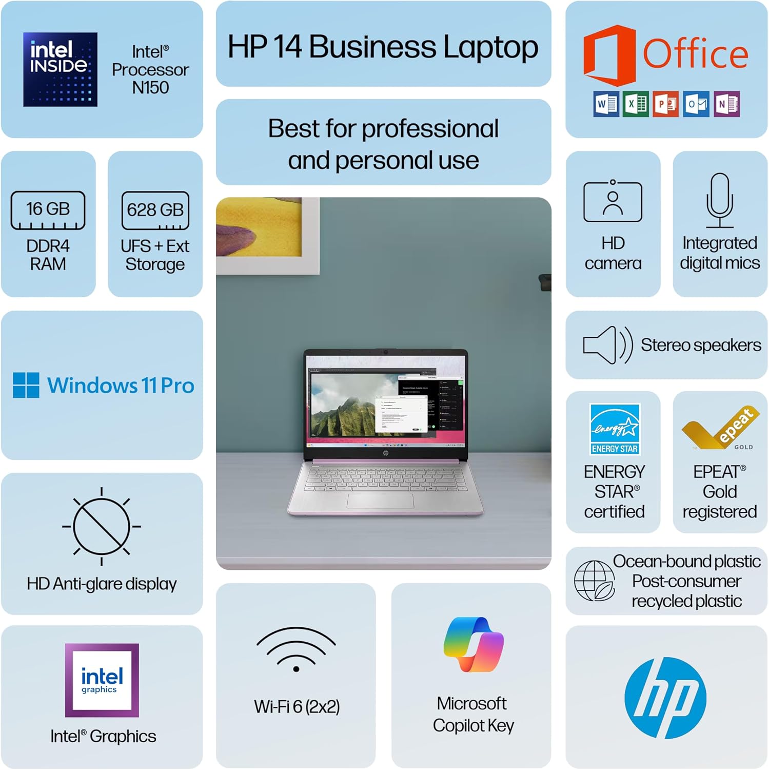 HP Ultrabook 14 Laptop Computer Business Study & Home 2025  Lifetime MS Office + Windows 11 Pro  Quad-Core Intel CPU  16GB RAM & 628GB Storage (128GB UFS+500GB Ext)  WiFi 6  HubxcelAccessory  Lavender