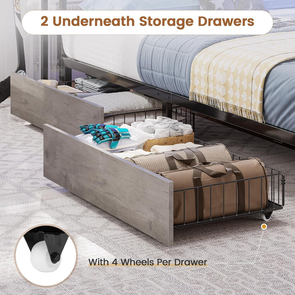 Hasuit Corner Bed Frame Twin with 2 Drawers and Storage Bookcase, Daybed with Charging Station and LED Lights, Metal Platform Bed with Bookshleves,Twin Size Bed Frame for Kids Teens Guests, Oak Gray