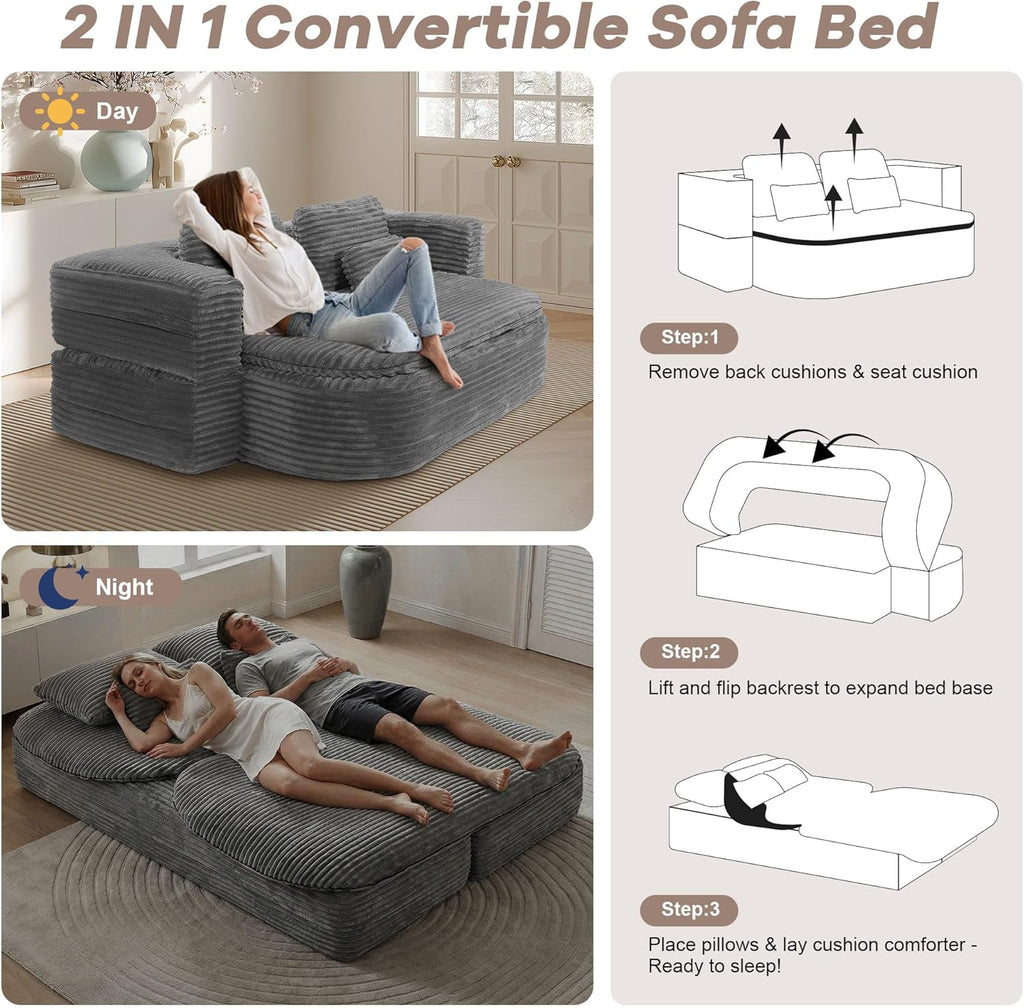 75'' Folding Sleeper Sofa Bed, Convertible Memory Foam Boneless Couch, Foldable Full Size Guest Bed, Modern 2-in-1 Futon Floor Sleeper Sofa with 4 Pillows and Blanket (Corduroy, Gray)