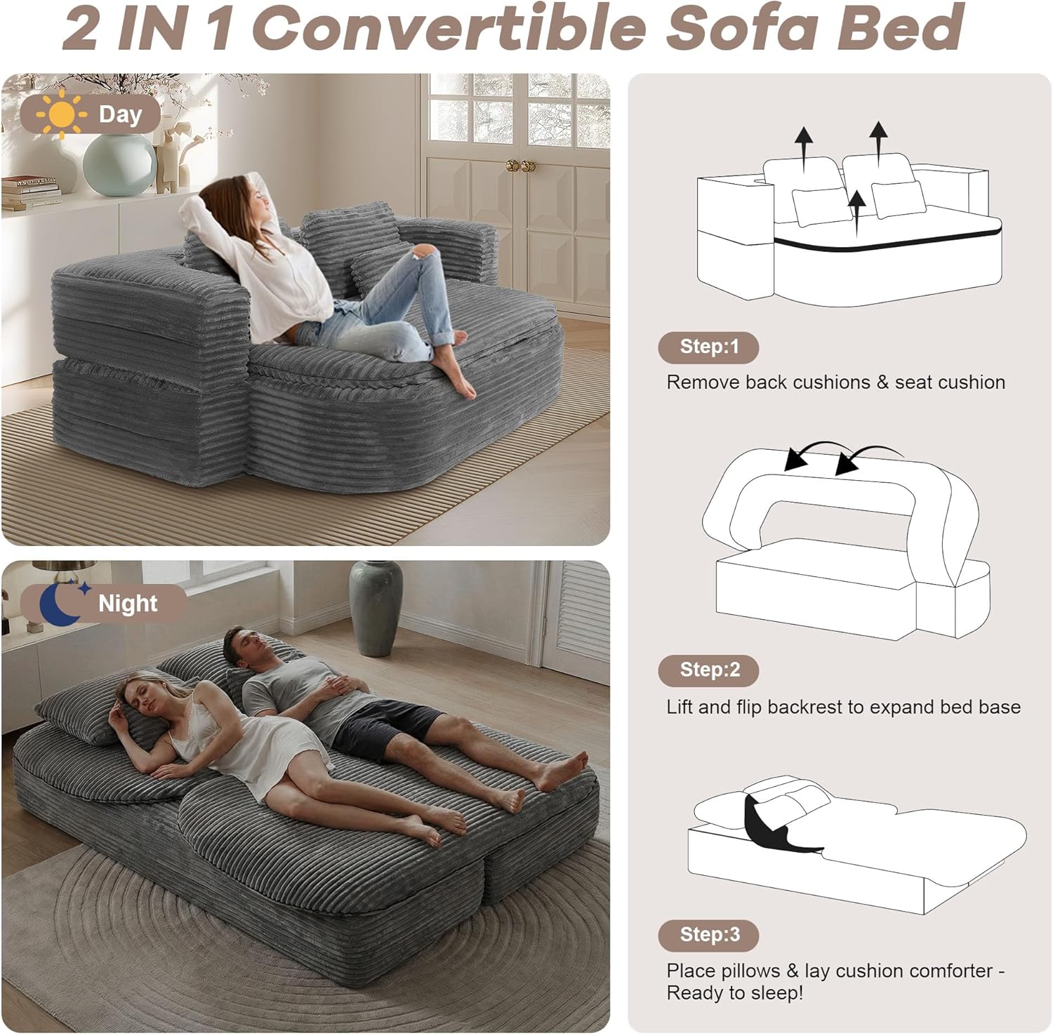 75'' Folding Sleeper Sofa Bed, Convertible Memory Foam Boneless Couch, Foldable Full Size Guest Bed, Modern 2-in-1 Futon Floor Sleeper Sofa with 4 Pillows and Blanket (Corduroy, Gray)