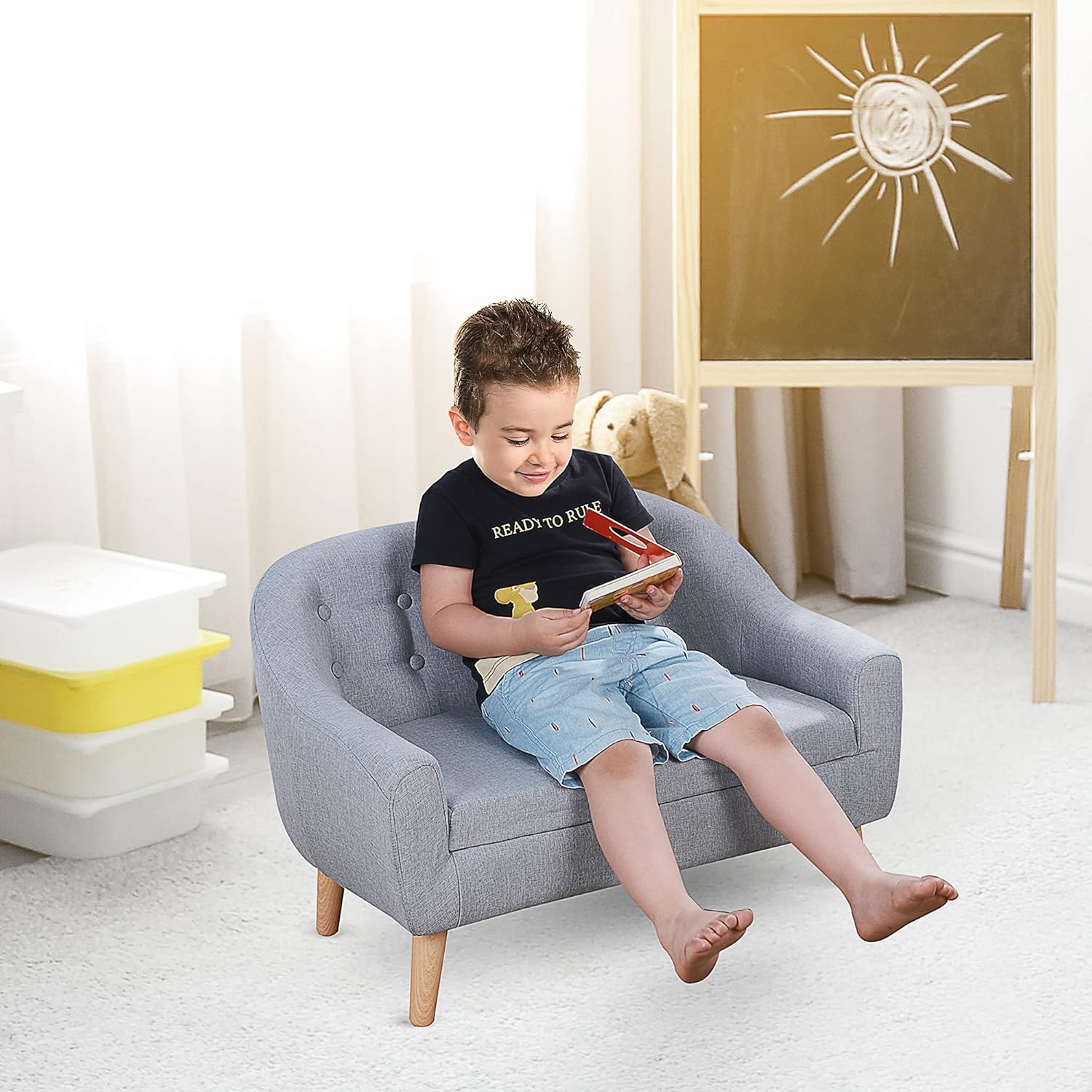 Qaba 2-Seat Kids Sofa, Toddler Sofa Couch, Linen-Like Fabric and Wooden Frame Sofa Chair for Ages 3-7, 11" High Seat, Gray