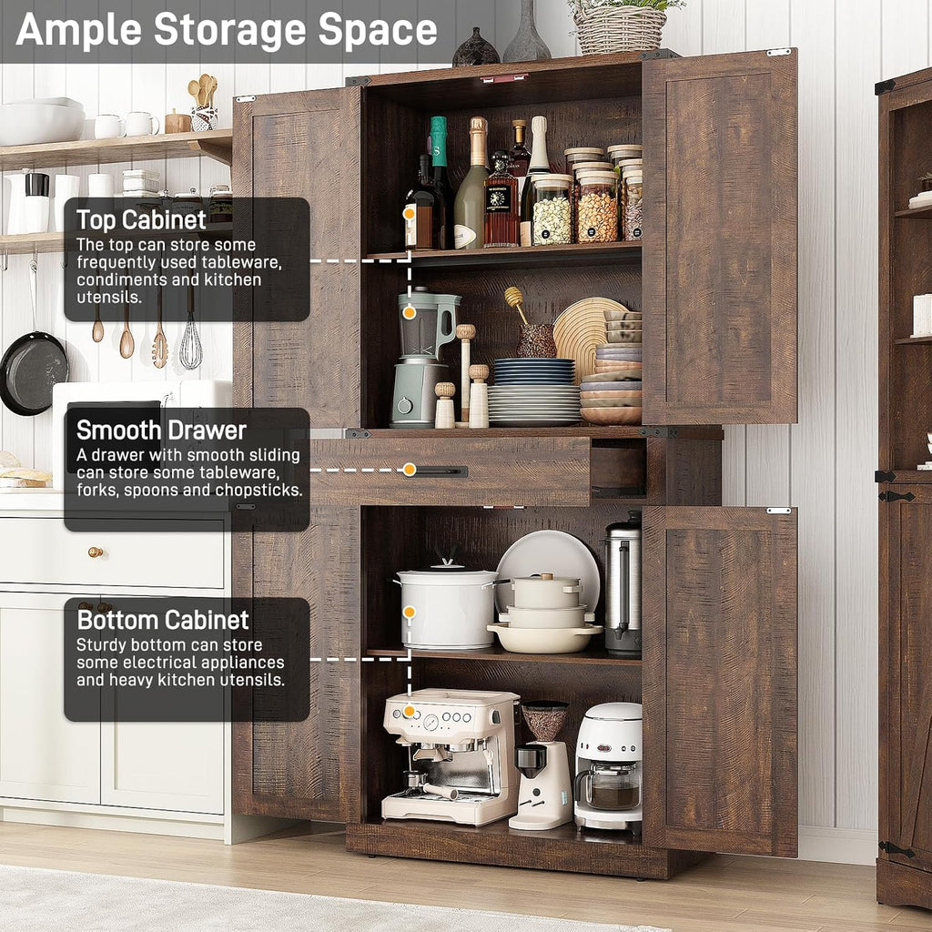 72" Tall Farmhouse Kitchen Pantry Cabinet with Drawer, Rustic Wood Cupboard Storage Cabinet w/Organizer and 4 Barn Doors, Storage Cabinet for Kitchen, Dining Room, Living Room, Brown