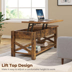 Rolanstar Coffee Table 47.2", 2 Way Lift Top with Hidden Compartment, Lift Top Coffee Table with Open Shelf & X Wooden Support, Center Table for Living Room, Rustic Brown
