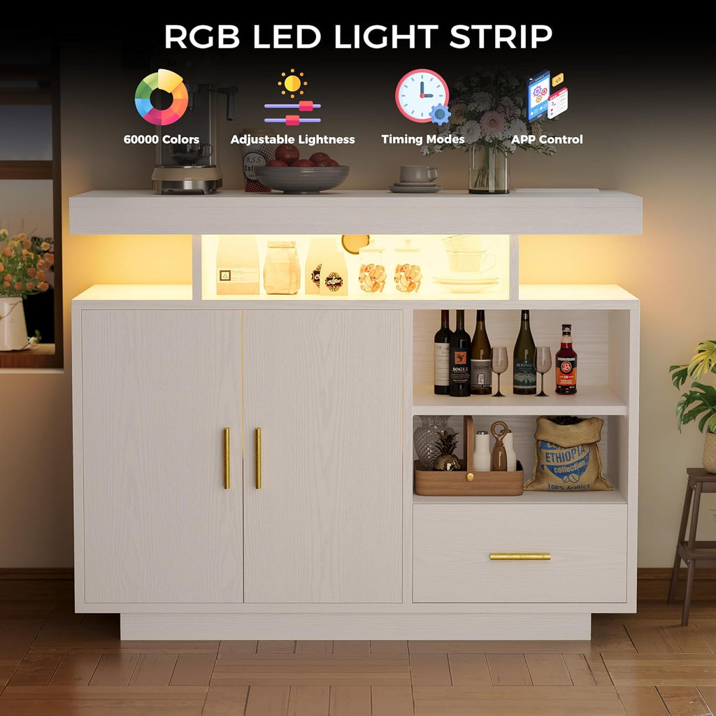 IRONCK Buffet Cabinet, Coffee Bar Cabinet with Power Outlet and LED Light, Sideboard with Drawer, Storage Cabinet with Doors and Shelves for Kitchen, White
