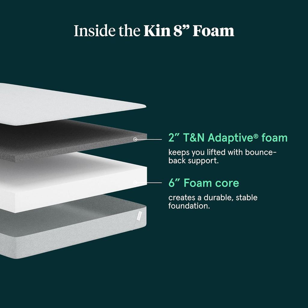 Kin By Tuft & Needle Firm 8" Twin XL Adaptive Foam Mattress in a Box, Cooling Pressure Relief, Balanced Support, 100 Night Trial, Fiberglass-Free, CertiPUR-US, 10-Year Limited Warranty
