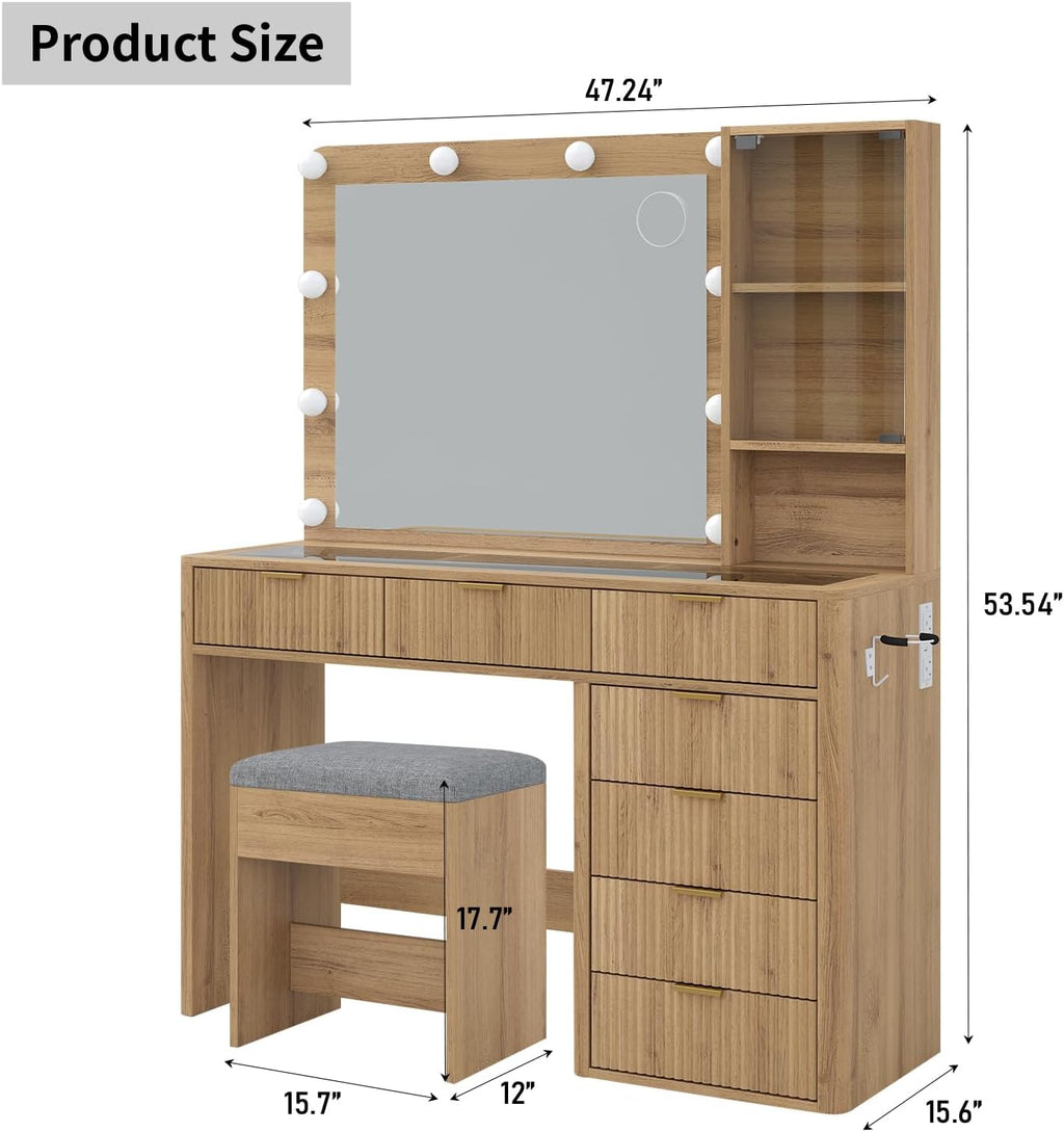 47" Fluted Vanity Desk with Mirror & LED Lights, 7-Drawer Makeup Vanity with Glass Top & Cabinet, Vanity with Chair & Charging Station, 3 Lighting Modes, for Bedroom, Natural Oak