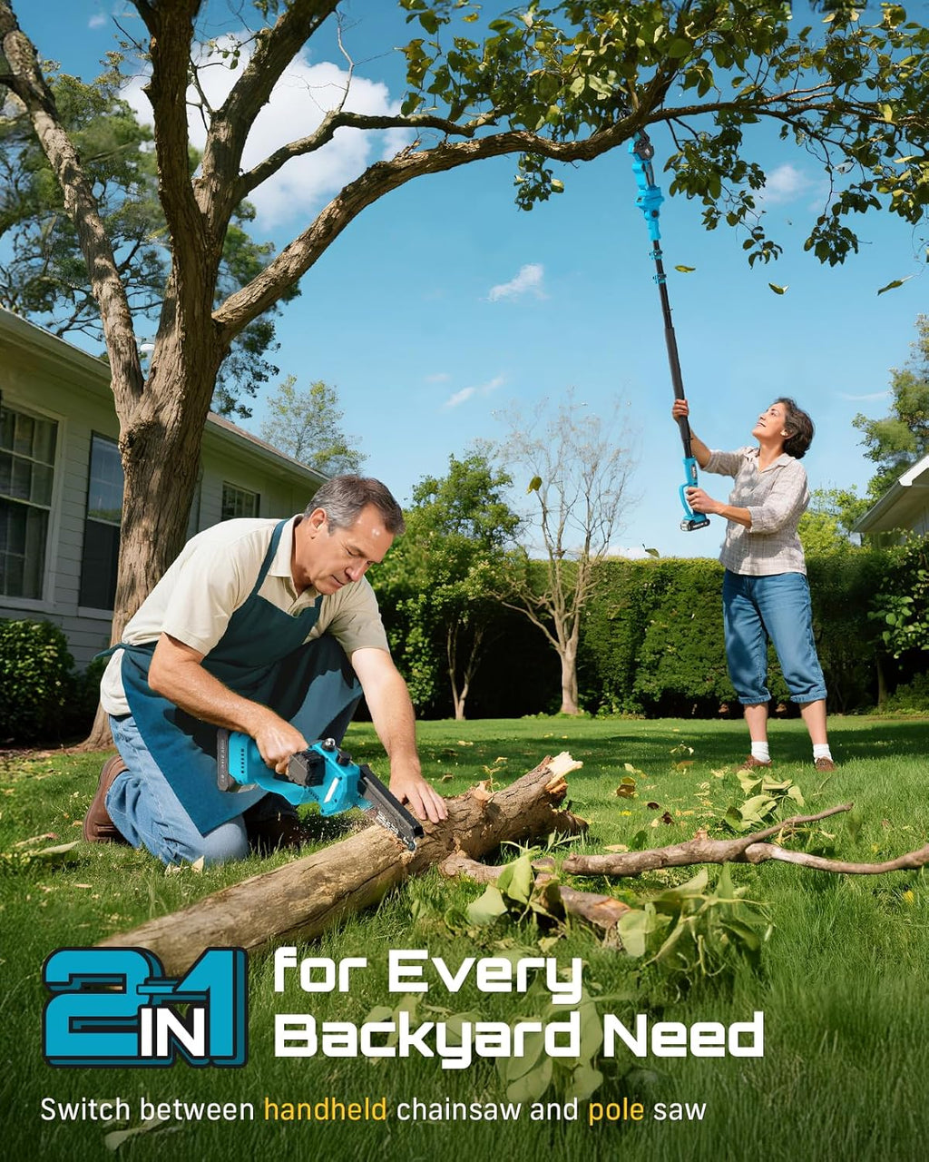 SEESII 2-in-1 Electric Pole Saws for Tree Trimming, 6 Inch Mini Chainsaw Cordless with Extension Pole, Battery Powered Pole Chain Saw, Tree Trimmer Limb Branch Cutter Pruner with 2 Battery PS600