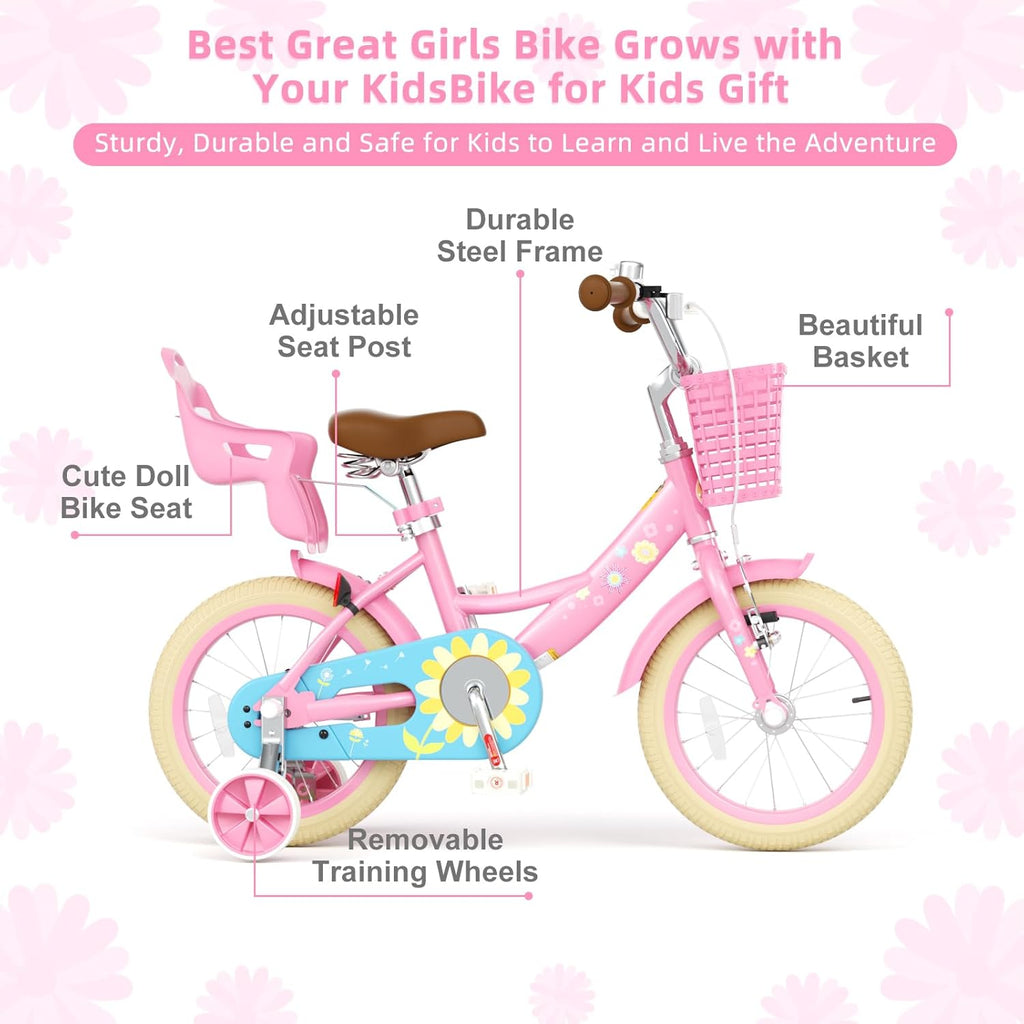 Glaf Kids Toddler Bike 12 14 16 20 Inch Girls Bike with Training Wheels Age 2-12 Years Old Toddler Girls Bike with Basket and Doll Seat Adjustable Seat