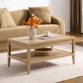 SICOTAS Rattan Coffee Table with Storage, 37.5" Large Rectangular Coffee Table with 2-Tier Shelves, Farmhouse Boho Center Table for Living Room, Office, Small Space
