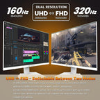 CRUA 27” Gaming Monitor  IPS UHD 3840x2160 4K 160Hz / FHD 320Hz Dual Mode White Computer Monitor  Rotating/Pivot & Height-Adjustable  AMD FreeSync  Built-in Speakers  PIP/PBP  HDMI 2.1 & DP 1.4