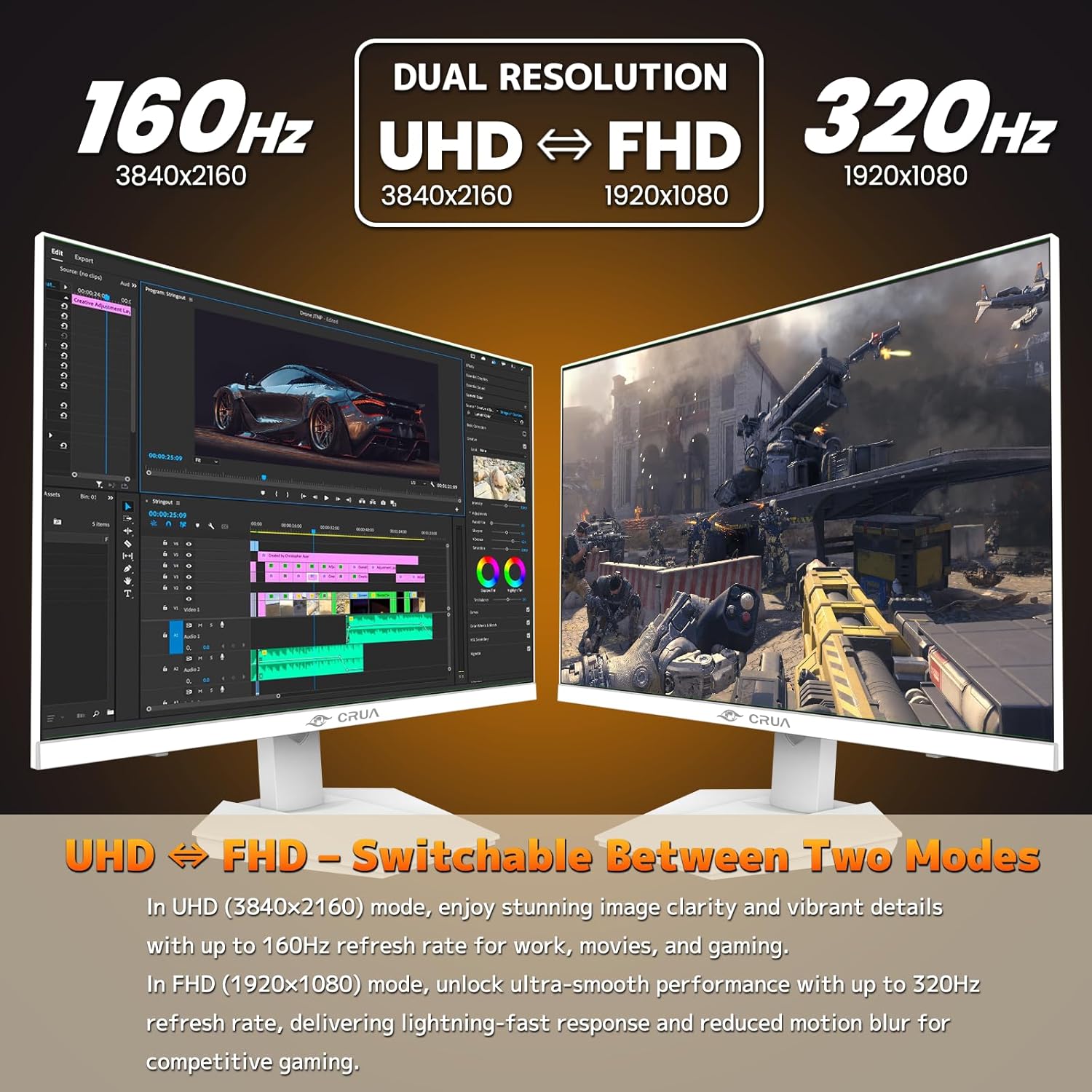 CRUA 27” Gaming Monitor  IPS UHD 3840x2160 4K 160Hz / FHD 320Hz Dual Mode White Computer Monitor  Rotating/Pivot & Height-Adjustable  AMD FreeSync  Built-in Speakers  PIP/PBP  HDMI 2.1 & DP 1.4