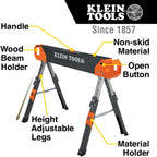 Klein Tools 80178 Folding Saw Horse, Adjustable 26 to 32-Inch Height, 2x4 Support Arms, Heavy Duty Jobsite Table, 2-Pack