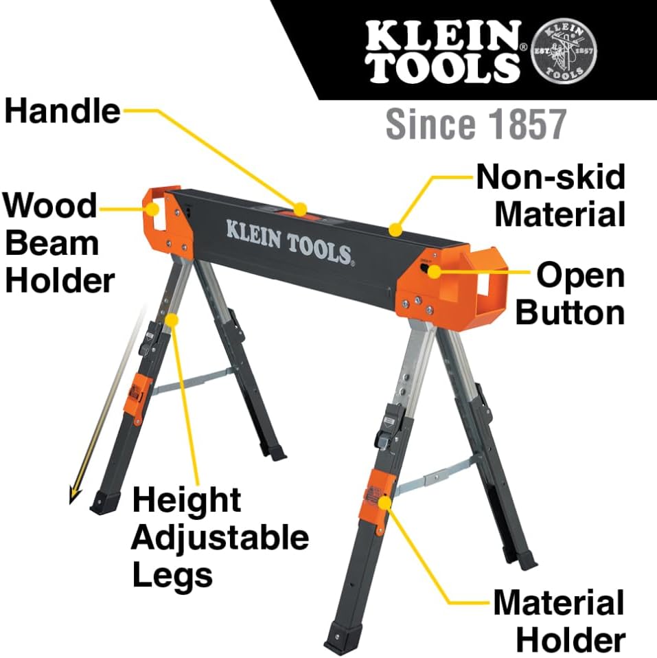 Klein Tools 80178 Folding Saw Horse, Adjustable 26 to 32-Inch Height, 2x4 Support Arms, Heavy Duty Jobsite Table, 2-Pack