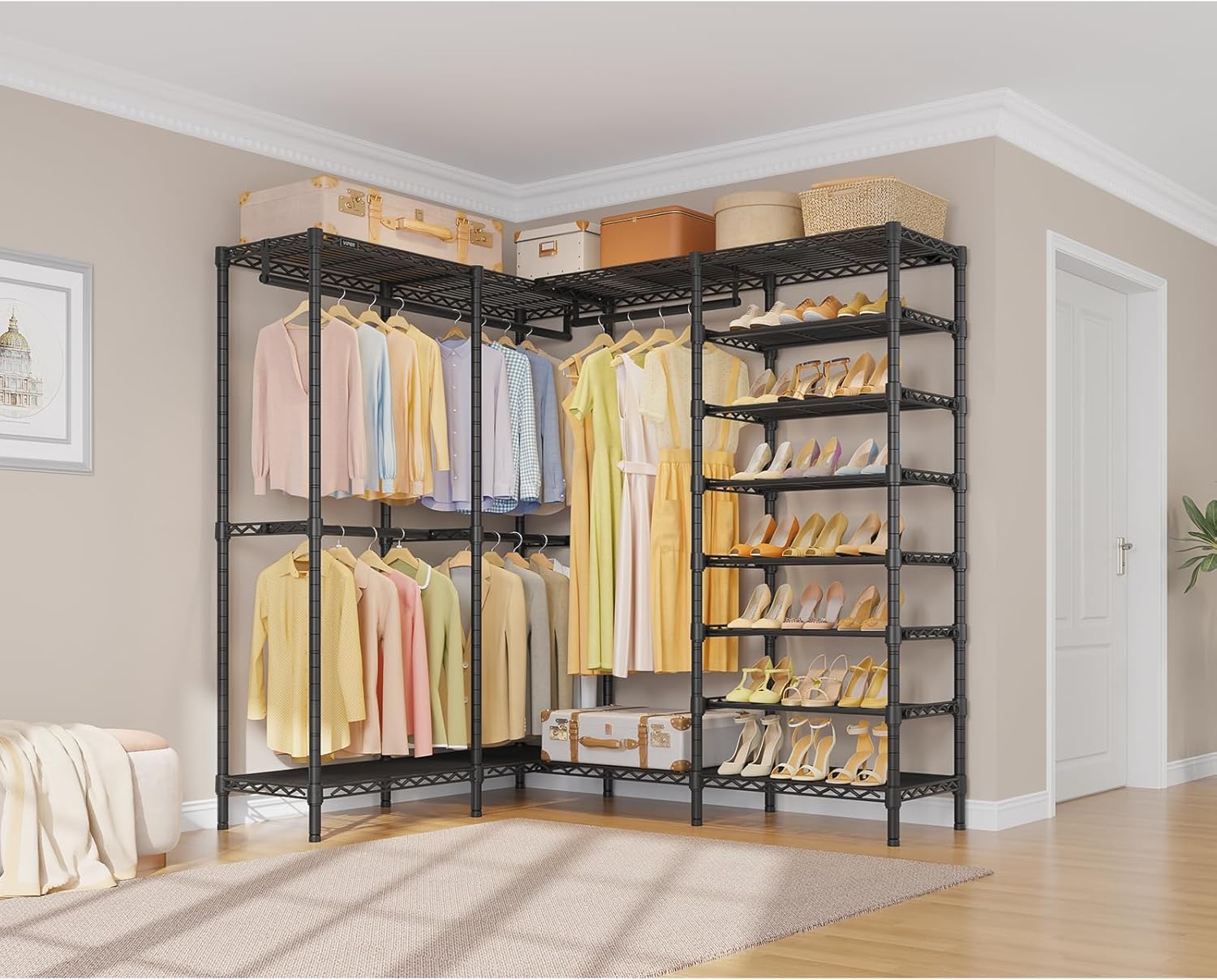 VIPEK S4 Heavy Duty Clothes Rack with Shoe Shelves Freestanding Clothing Rack with 6-Tier Shoe Rack, 4 Hanging Rod, Adjustable Shelf, Walk in Closet Organizer Garment Rack, Black