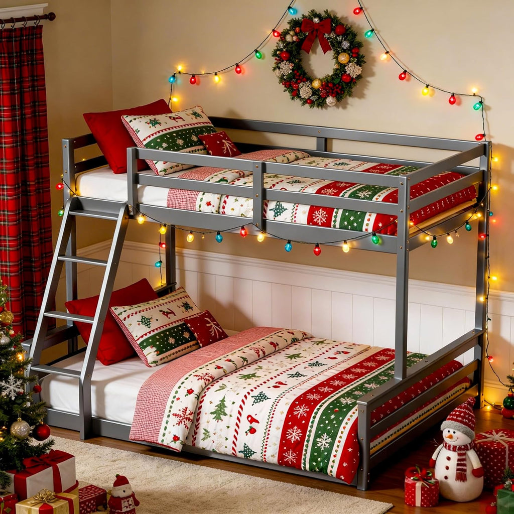 TOLEAD Low Bunk Bed Twin Over Full, Floor Bunk Bed with Ladder, Wooden Bunk Bed with Full Guardrails, Low Bunk Bed for Juniors, Boys, Girls, Kids, Bedroom, Grey