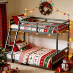 TOLEAD Low Bunk Bed Twin Over Full, Floor Bunk Bed with Ladder, Wooden Bunk Bed with Full Guardrails, Low Bunk Bed for Juniors, Boys, Girls, Kids, Bedroom, Grey