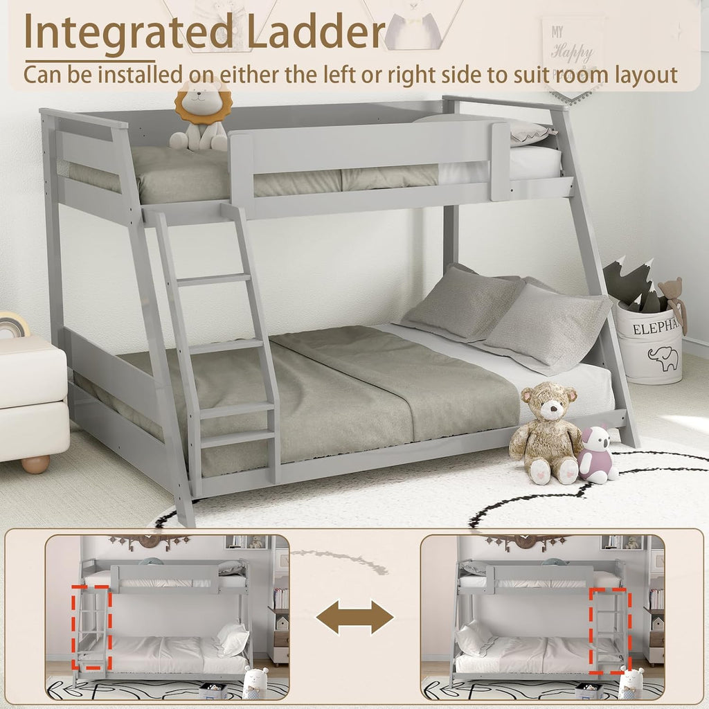 KOMFOTT Twin Over Full Convertible Bunk Bed with Reversible Ladder, Solid Wood Frame, Slats Support & Guardrails, No Box Spring Needed (Grey)