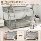 KOMFOTT Twin Over Full Convertible Bunk Bed with Reversible Ladder, Solid Wood Frame, Slats Support & Guardrails, No Box Spring Needed (Grey)