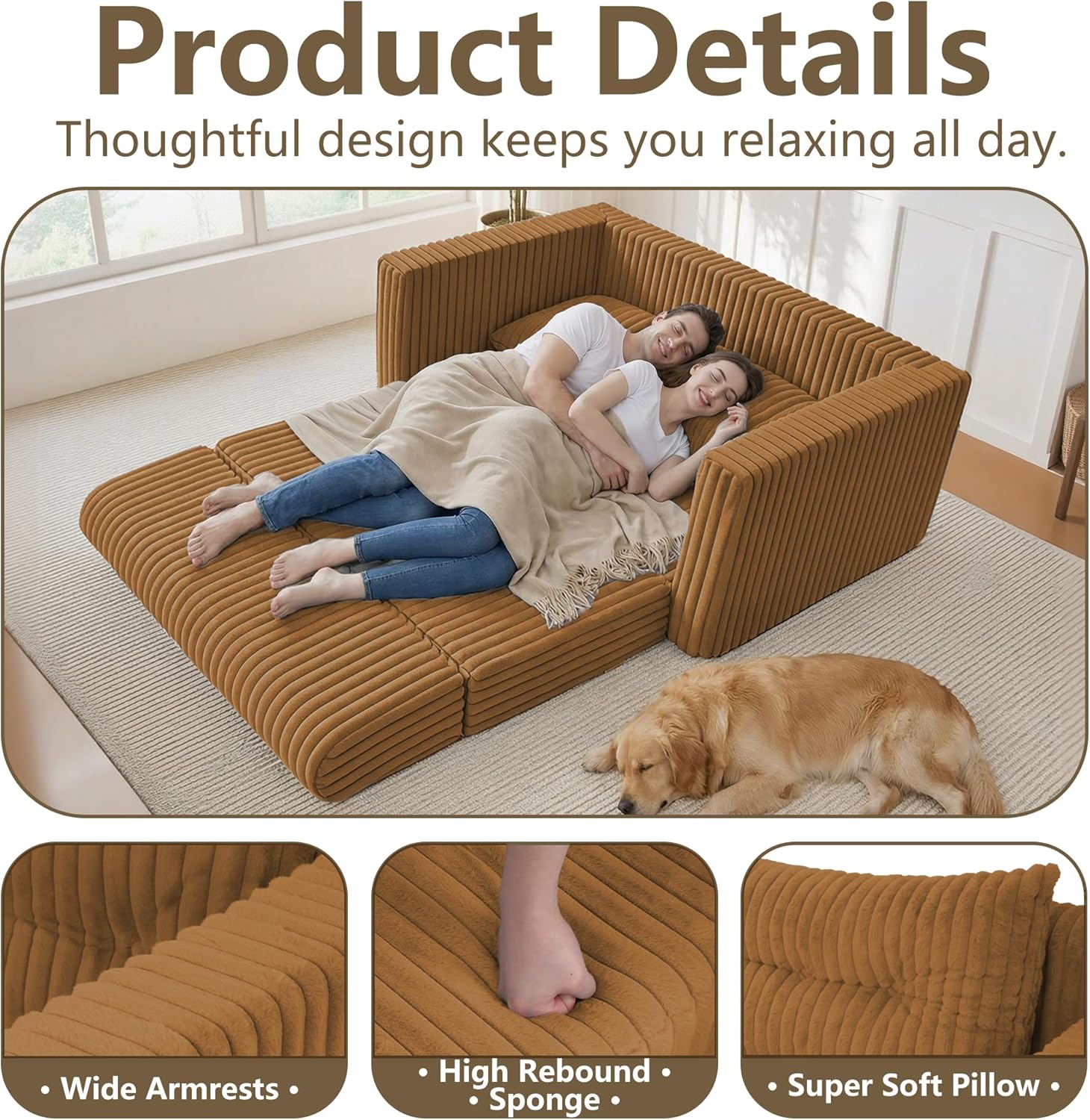 HABUTWAY Folding Sofa Bed, 2 in 1 Convertible Sleeper Chair with Pillow, Portable Fold Out Chair Bed with Armrest, Comfy Floor Couch, Lazy Sofa for Living Room Bedroom Dorm Home Office, Orange