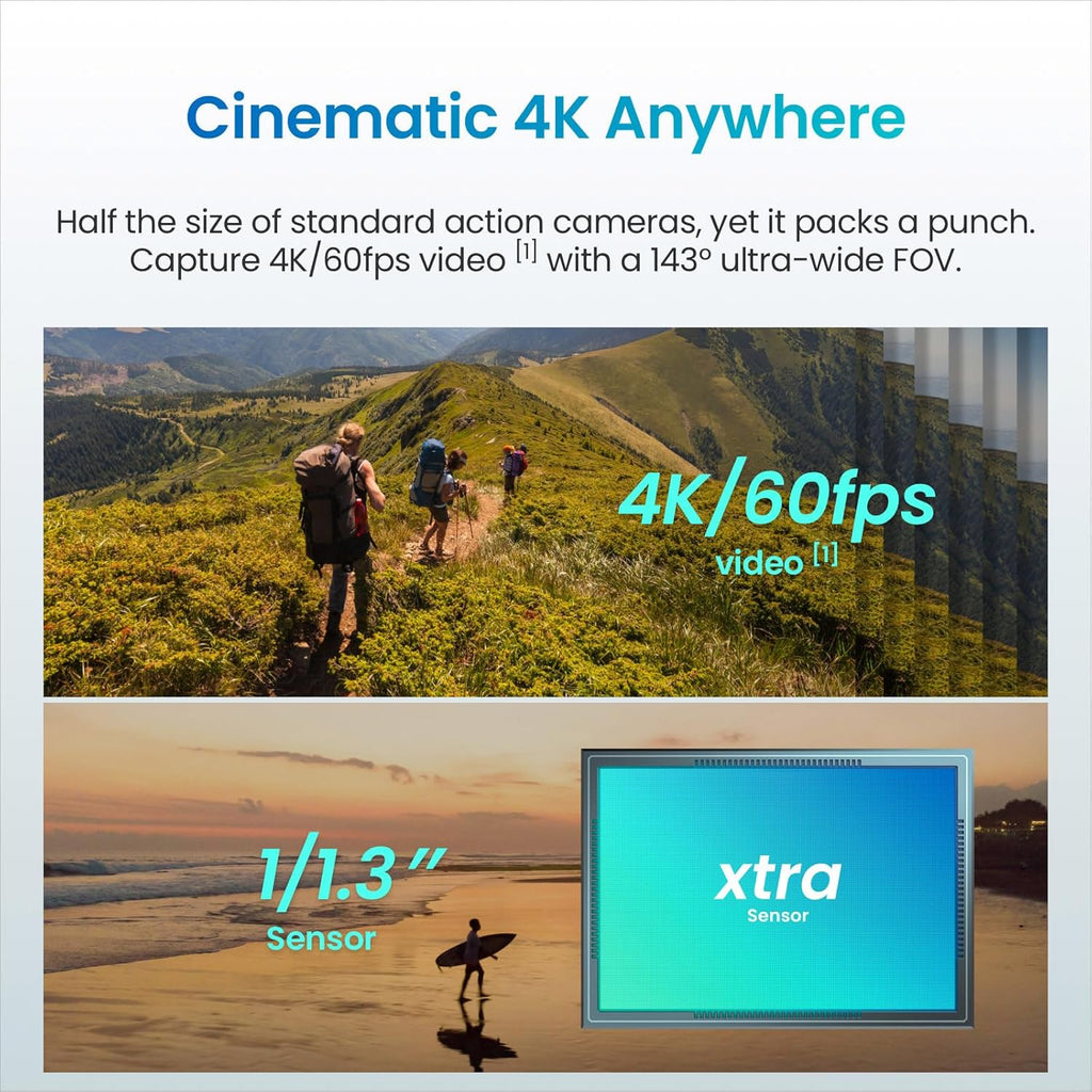 Xtra Atto Wearable 4K Action Camera (128GB)  54 g  Light and Compact  1/1.3″ Sensor  4K/60fps Video  220‑Min Max Recording  5-Min Pre-Recording  Built-in Stabilization  600MB/s Fast Transfer