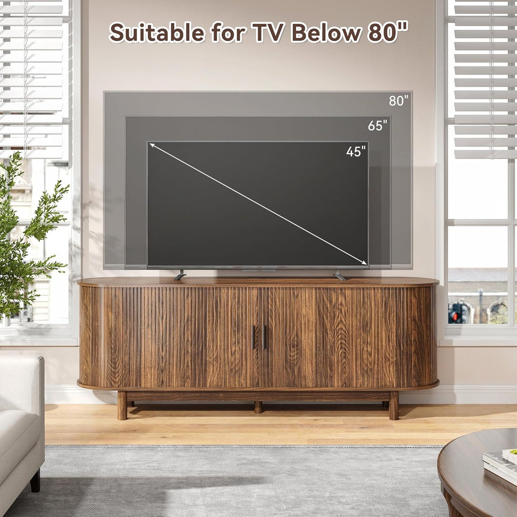 70" Farmhouse TV Stand with 50" Fireplace for TVs up to 85" 80" 75" 70" 65", Media Entertainment Center with Large Storage Cabinet,Sliding Doors for Living Room, Walnut