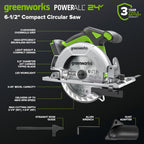 GREENWORKS 24V 1/2” Brushless Cordless Drill (400 In-lbs.) + 6.5” Circular Saw (4,800 RPM), (2) 2.0Ah (12,000mAh Power Bank) USB-C Batteries, Braided Cable, 65W Rapid Charger