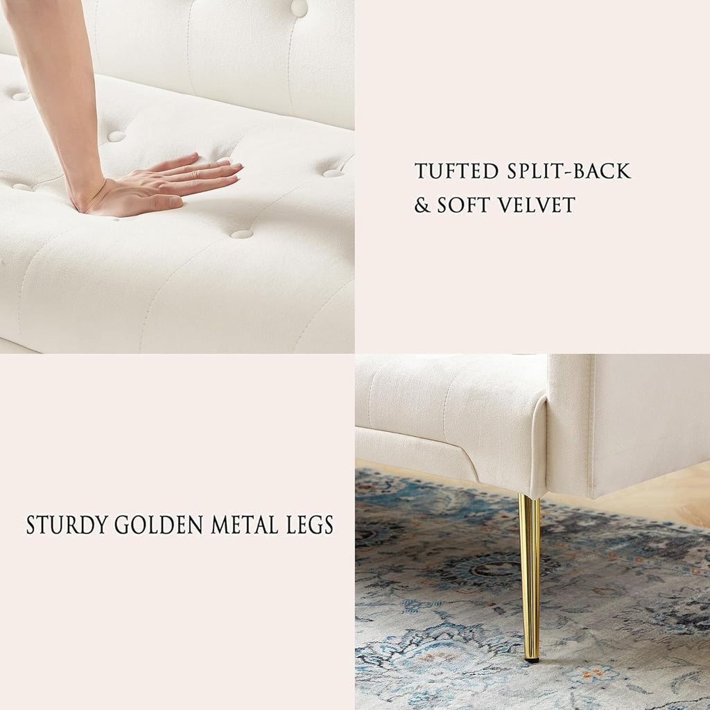 72"Modern Velvet Sofa Bed Futon,Convertible Folding Sleeper Bed Couches with 3 Adjustable Backrests,Tufted Recliner Loveseat with Golden Chrome Legs for Small Living Room Office (Beige+buttons tufted)