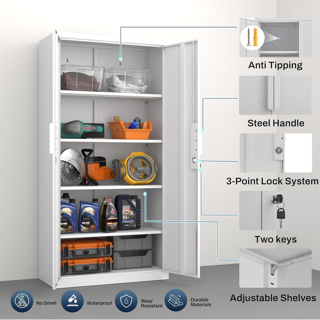 Metal Garage Storage Cabinet with Lock, 71" Tall Steel Storage Locker with 4 Adjustable Shelves, Heavy Duty Metal Cabinet for Garage, Office, Home, 31.5”W × 16.5”D, White