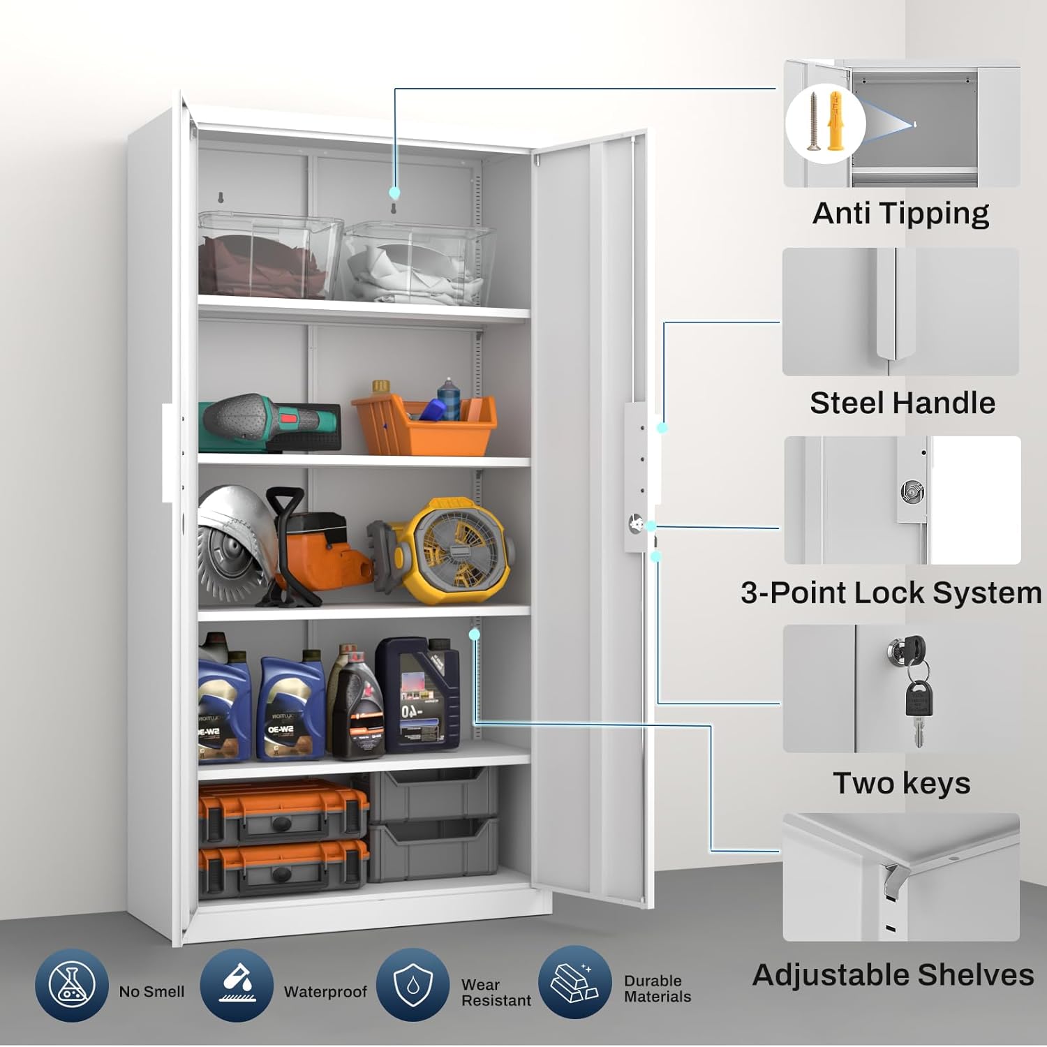 Metal Garage Storage Cabinet with Lock, 71" Tall Steel Storage Locker with 4 Adjustable Shelves, Heavy Duty Metal Cabinet for Garage, Office, Home, 31.5”W × 16.5”D, White