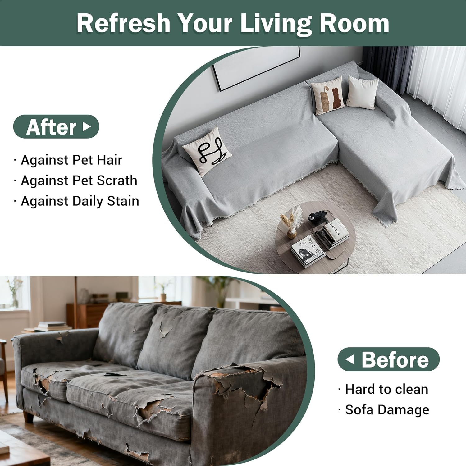 MEETSKY Couch Cover Sofa Covers, 2 Pieces Sectional Couch Covers for Sofa L Shape, Washable Sofa Slipcover for 3-4 Cushion Couch, Furniture Protector for Pets(XX-Large, 71"x118"+91"x134", Light Grey)