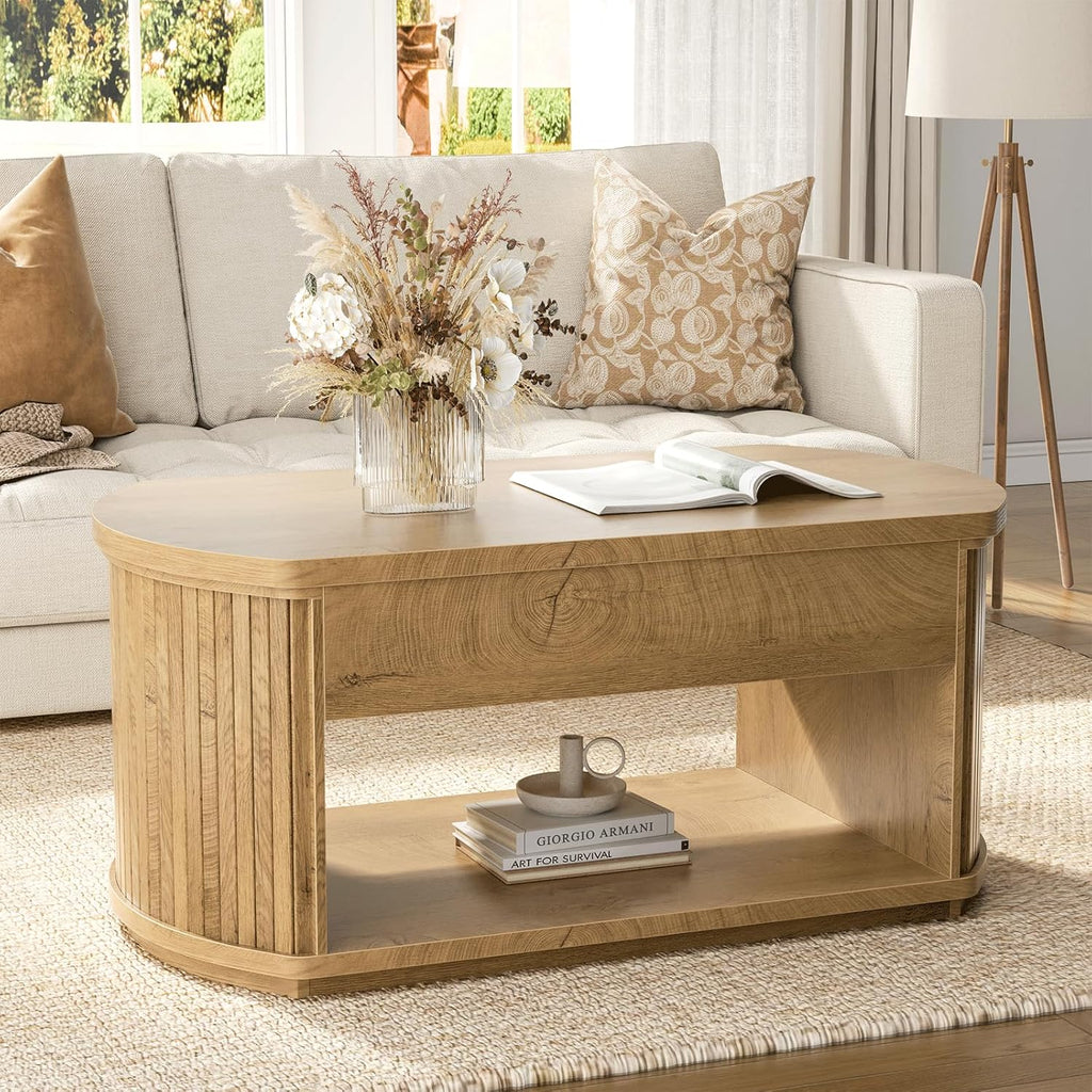 FABATO Oval Lift Top Coffee Table with Storage, Mid Century Modern Coffee Table for Living Room, 2 Tier Center Table with Lift-Top, 41.7" Fluted Wood Table for Reception Room, Home Office, Wood